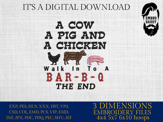 Machine Embroidery files, a cow a pig and a chicken, BBQ, grill, DST, PES, xxx, hus, dst & more