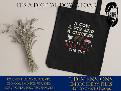 Machine Embroidery files, a cow a pig and a chicken, BBQ, grill, DST, PES, xxx, hus, dst & more