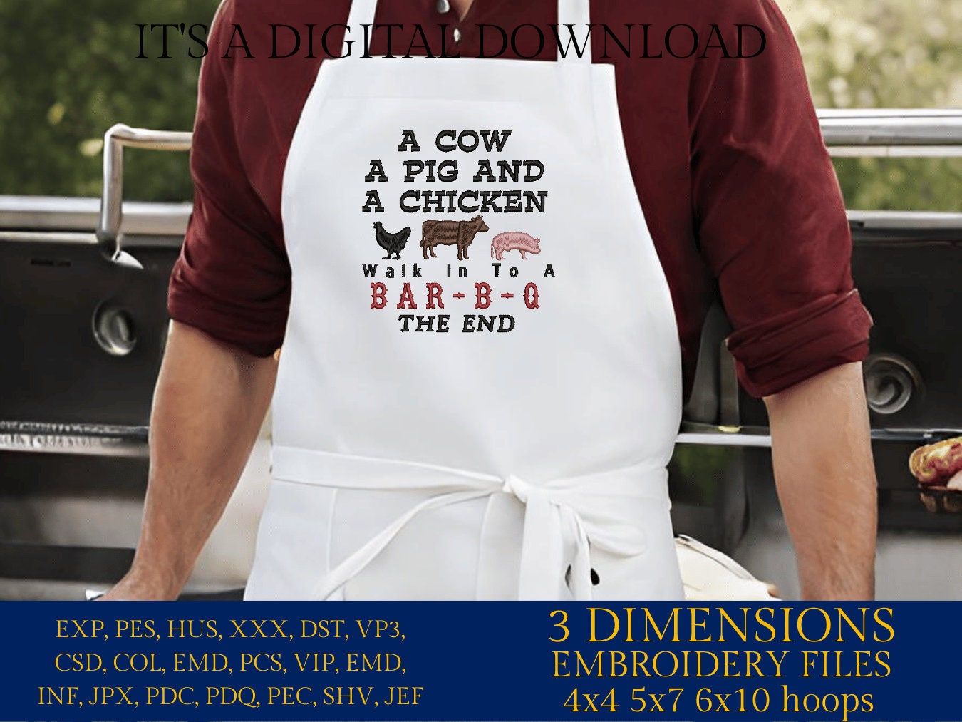 Machine Embroidery files, a cow a pig and a chicken, BBQ, grill, DST, PES, xxx, hus, dst & more