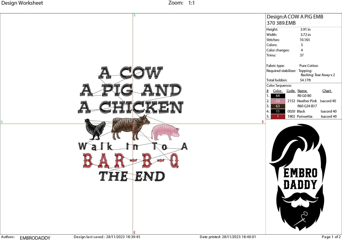 Machine Embroidery files, a cow a pig and a chicken, BBQ, grill, DST, PES, xxx, hus, dst & more
