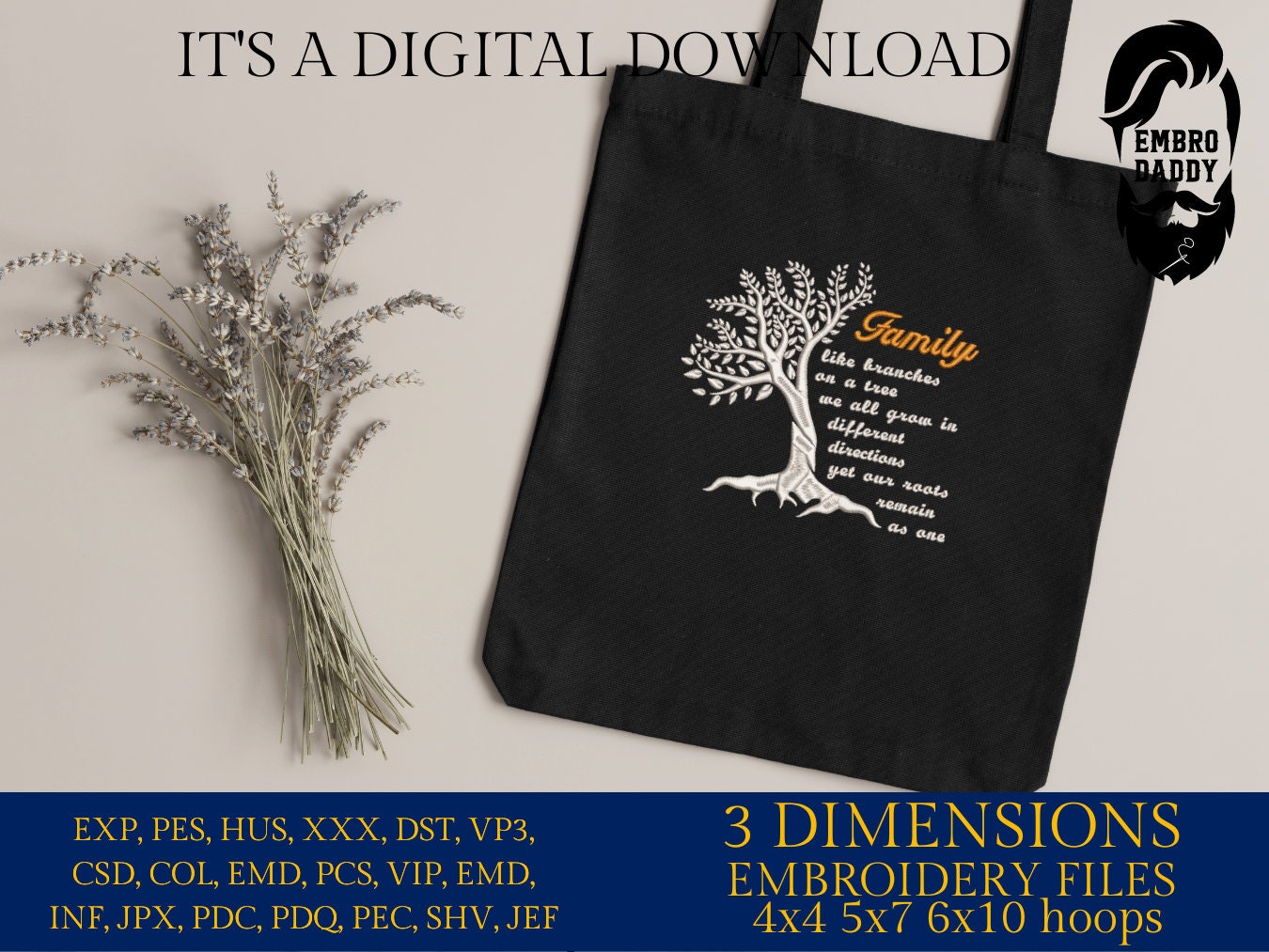 Machine Embroidery files, Family like branches of a tree , PES, DST, xxx, hus and more