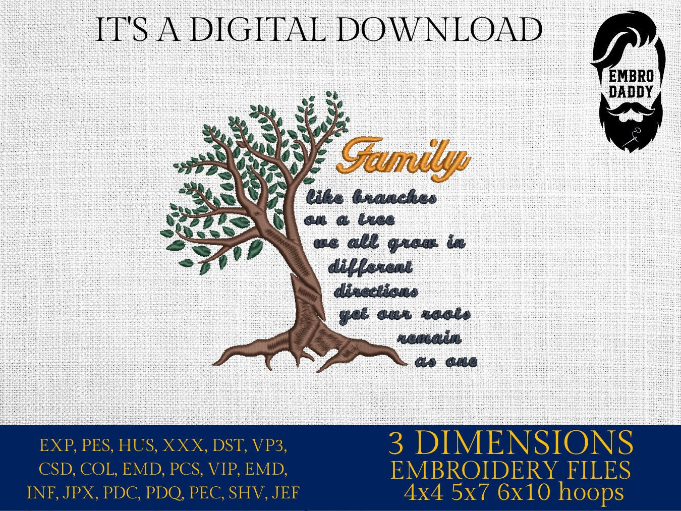 Machine Embroidery files, Family like branches of a tree , PES, DST, xxx, hus and more