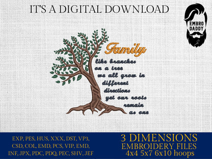 Machine Embroidery files, Family like branches of a tree , PES, DST, xxx, hus and more