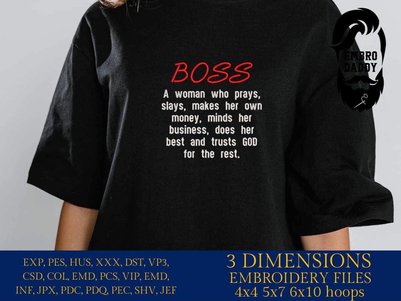 Machine Embroidery files, Boss definition, girl boss, woman boss, business , PES, xxx, hus & more