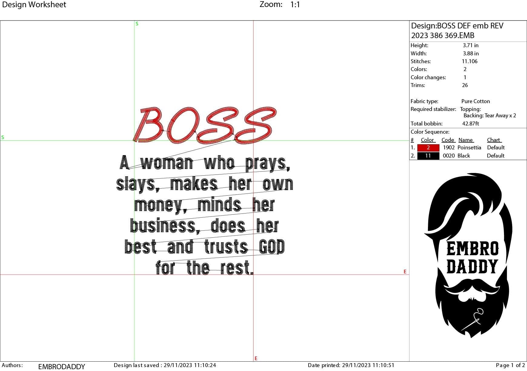 Machine Embroidery files, Boss definition, girl boss, woman boss, business , PES, xxx, hus & more