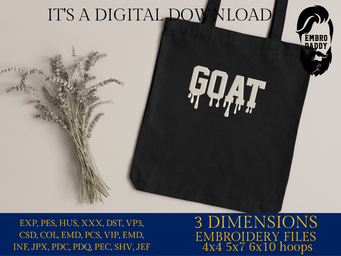 Machine Embroidery files, GOAT, Greatest of All Time, embroidery files, PES, xxx, hus & more, embroidery files