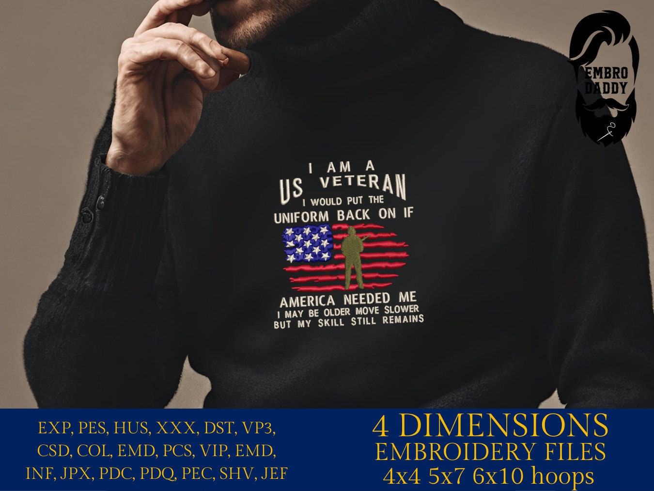 Machine Embroidery files, I am a US veteran, dst, PES, xxx, hus & more