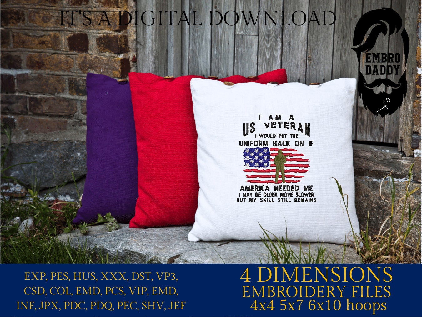 Machine Embroidery files, I am a US veteran, dst, PES, xxx, hus & more