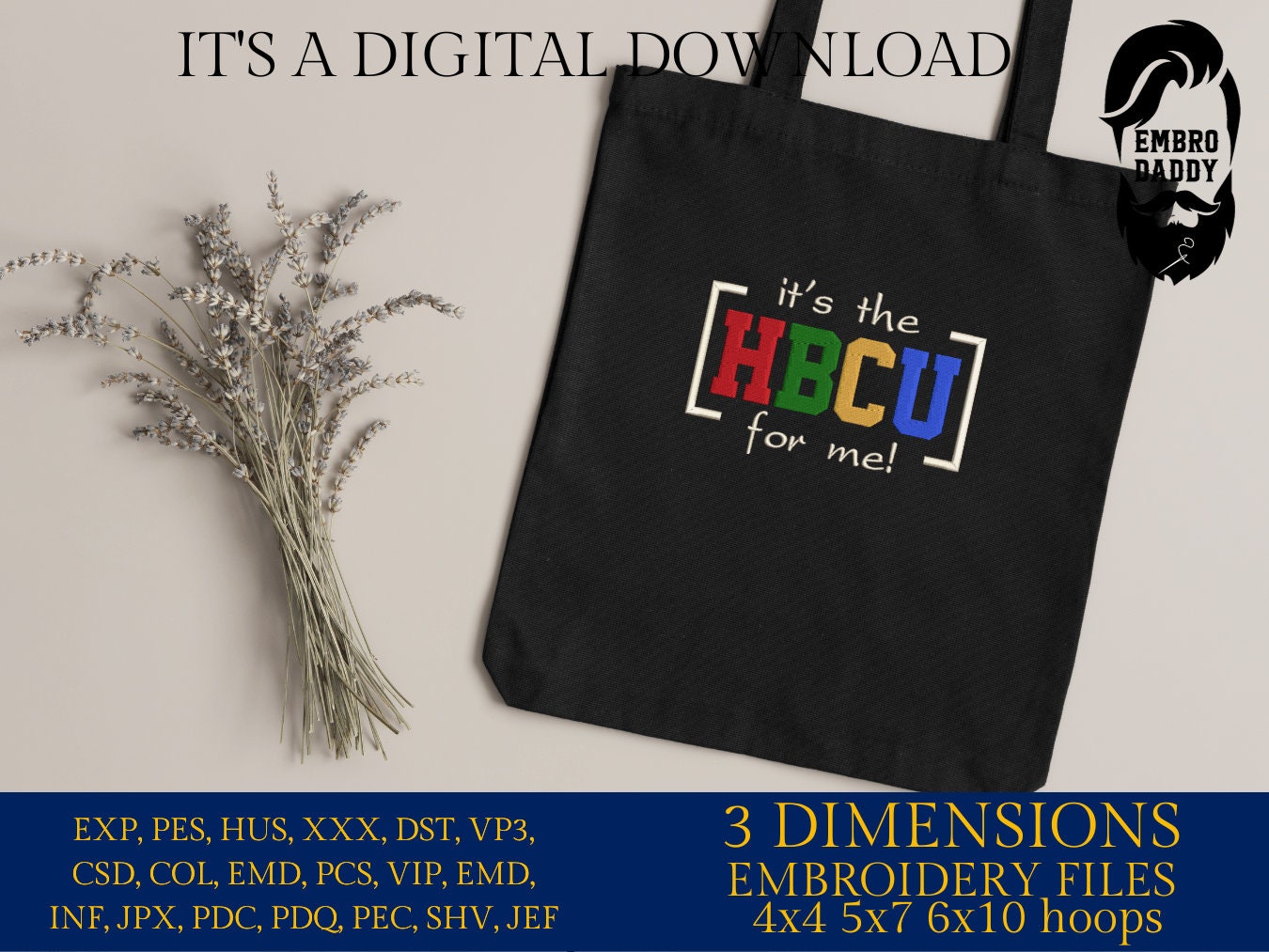 Machine Embroidery files, it's the HBCU for me!, PES, hus, dst, vp3 & more
