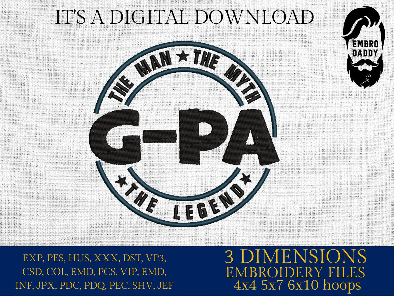 Machine Embroidery files, G-PA man myth legend, Grandfather, PES, xxx hus & more