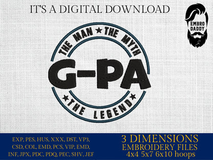 Machine Embroidery files, G-PA man myth legend, Grandfather, PES, xxx hus & more