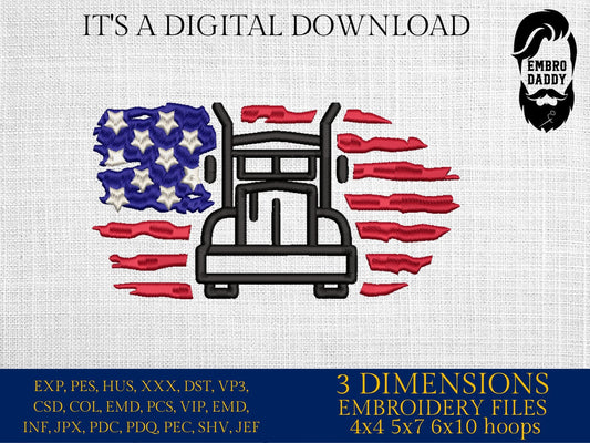 Machine Embroidery files, USA flag truck, PES, DST, xxx, hus & more