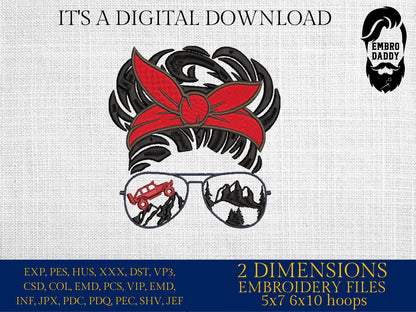 Machine Embroidery files, messy bun Sunglass off road vehicle embroidery files, Gift Idea, PES, xxx, hus & more