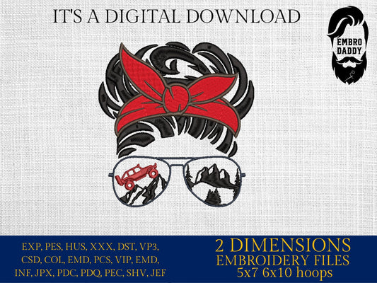 Machine Embroidery files, messy bun Sunglass off road vehicle embroidery files, Gift Idea, PES, xxx, hus & more