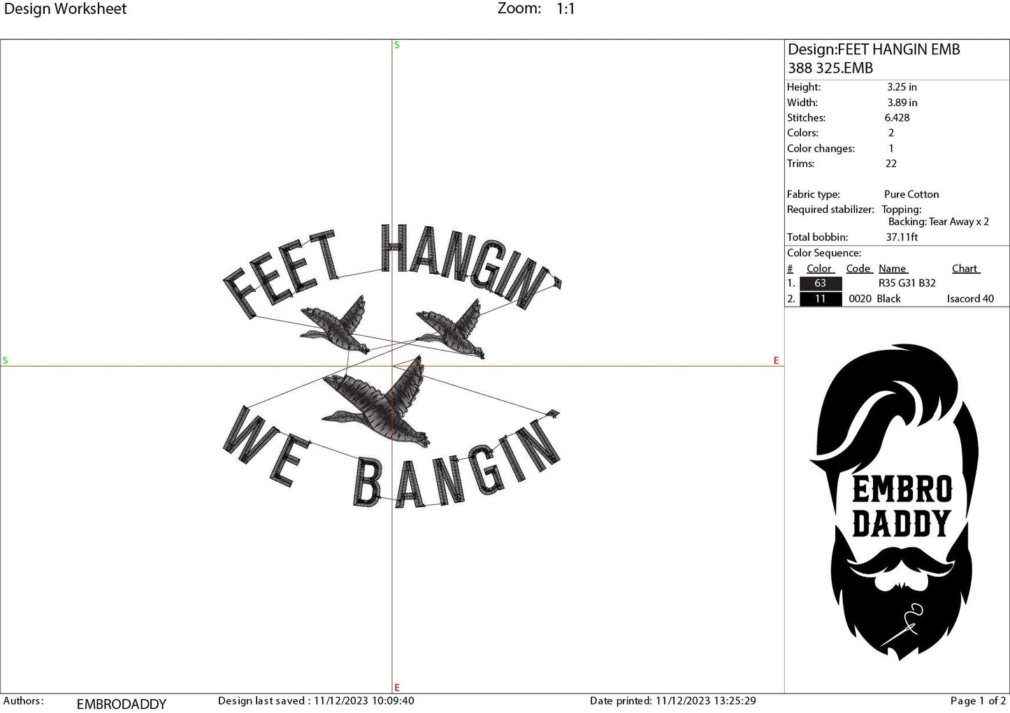 Machine Embroidery files, feet hangin' we bangin, dst, PES, xxx, hus & more