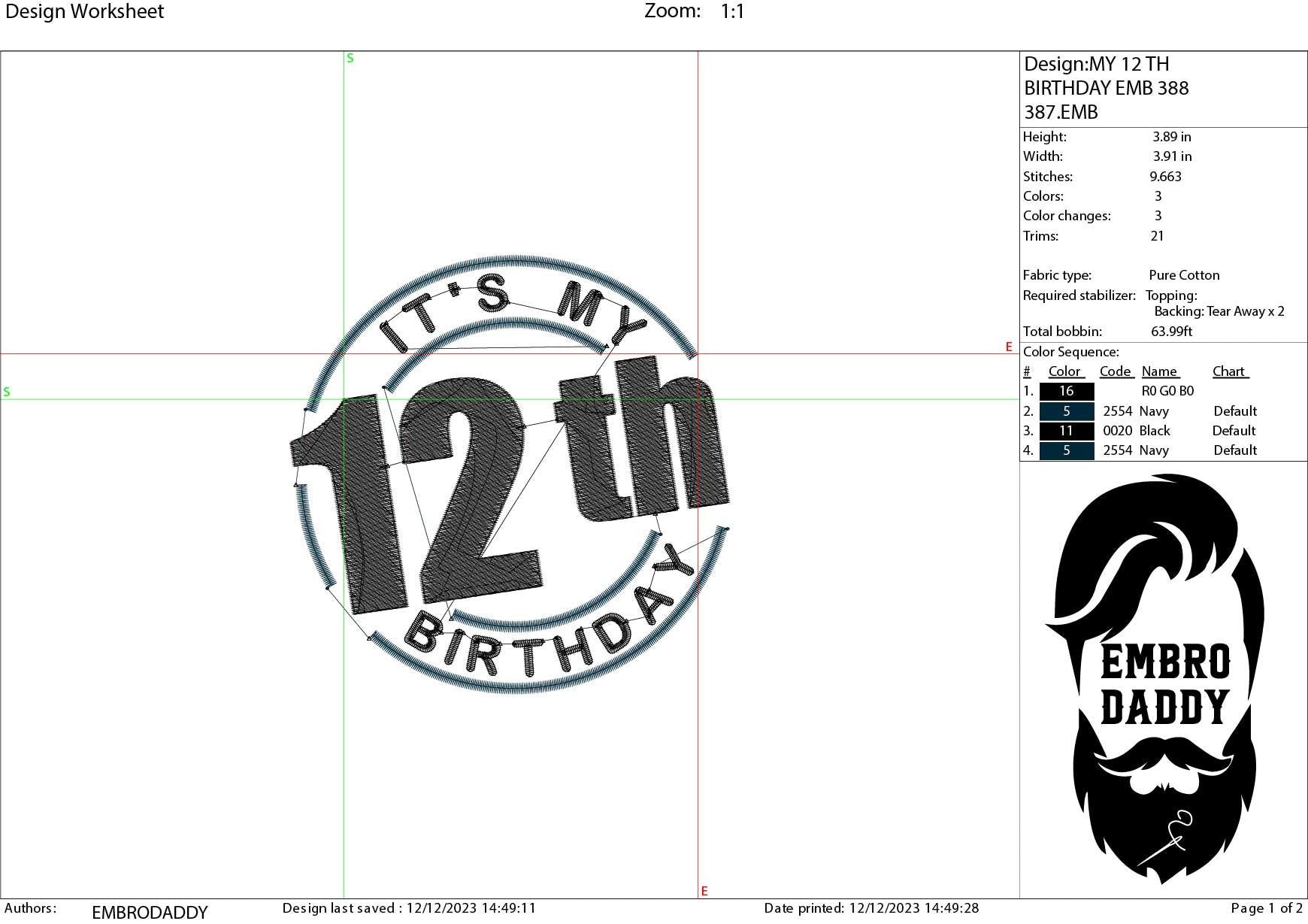 Machine Embroidery files, it's my 12 th birthday, PES, xxx, hus & more