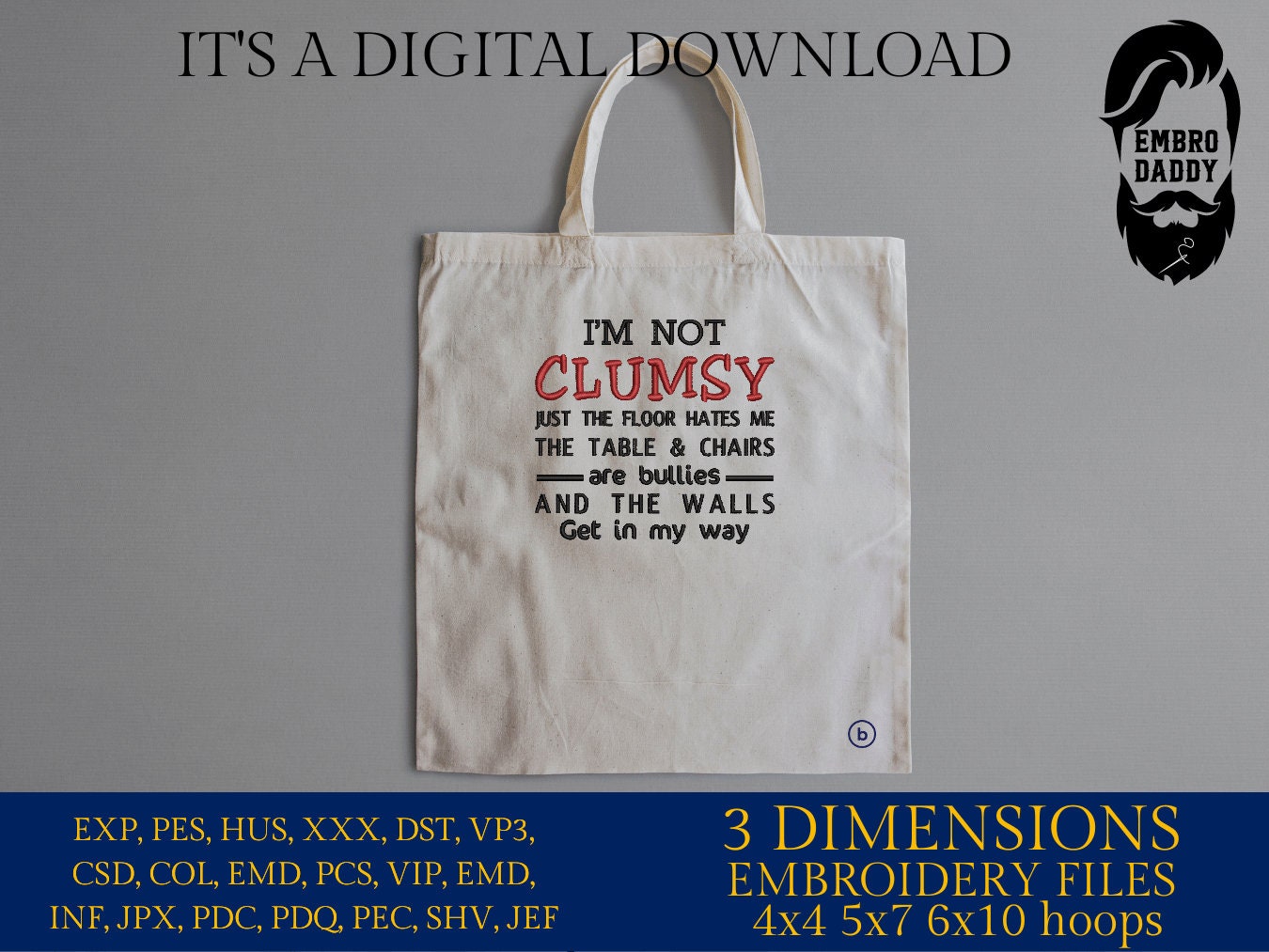 Machine Embroidery files, I'm not clumsy, PES, DST, xxx, hus & more