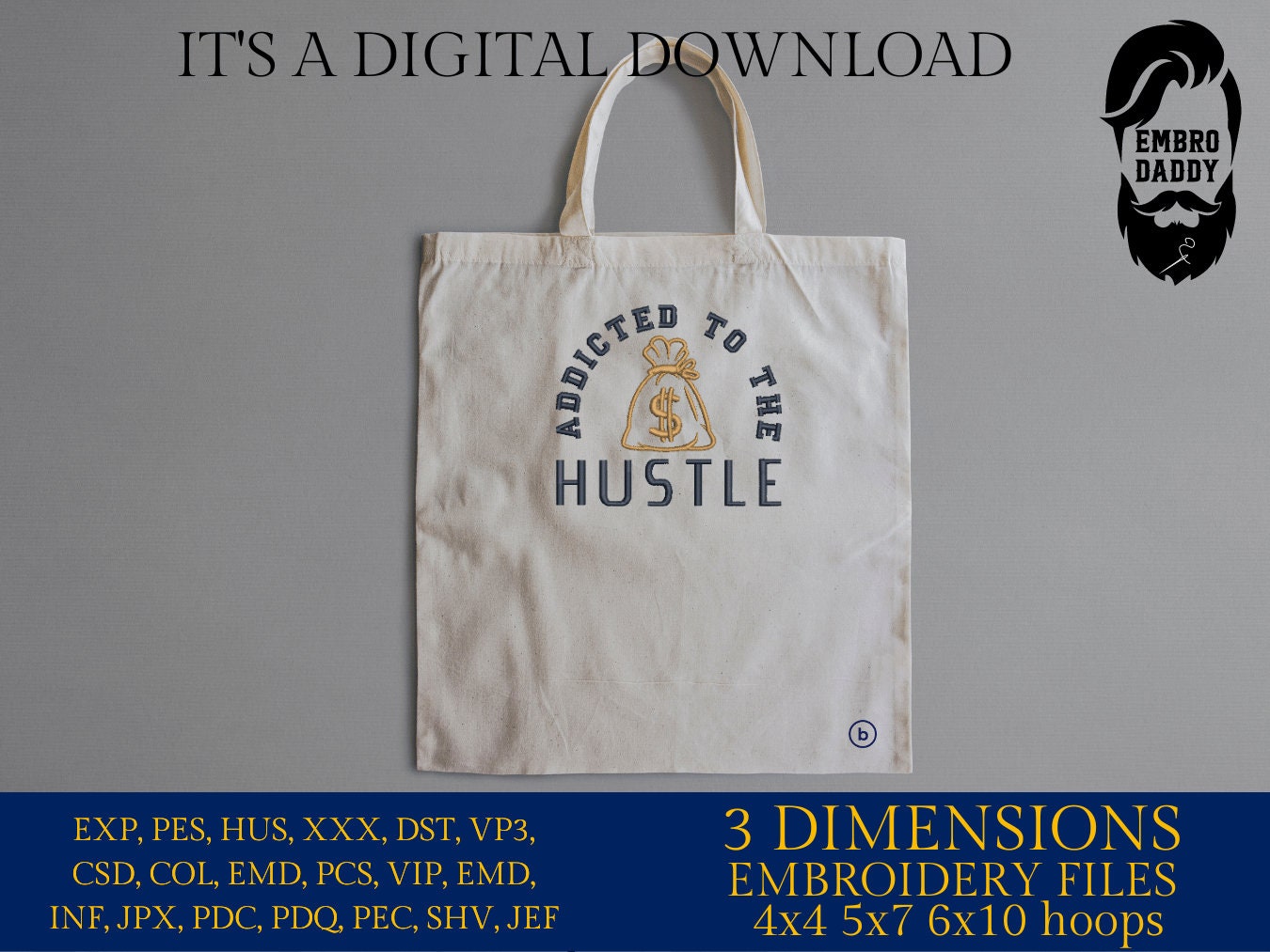 Machine Embroidery files, addicted to the hustle, embroidery files, PES, xxx, hus & more, embroidery files
