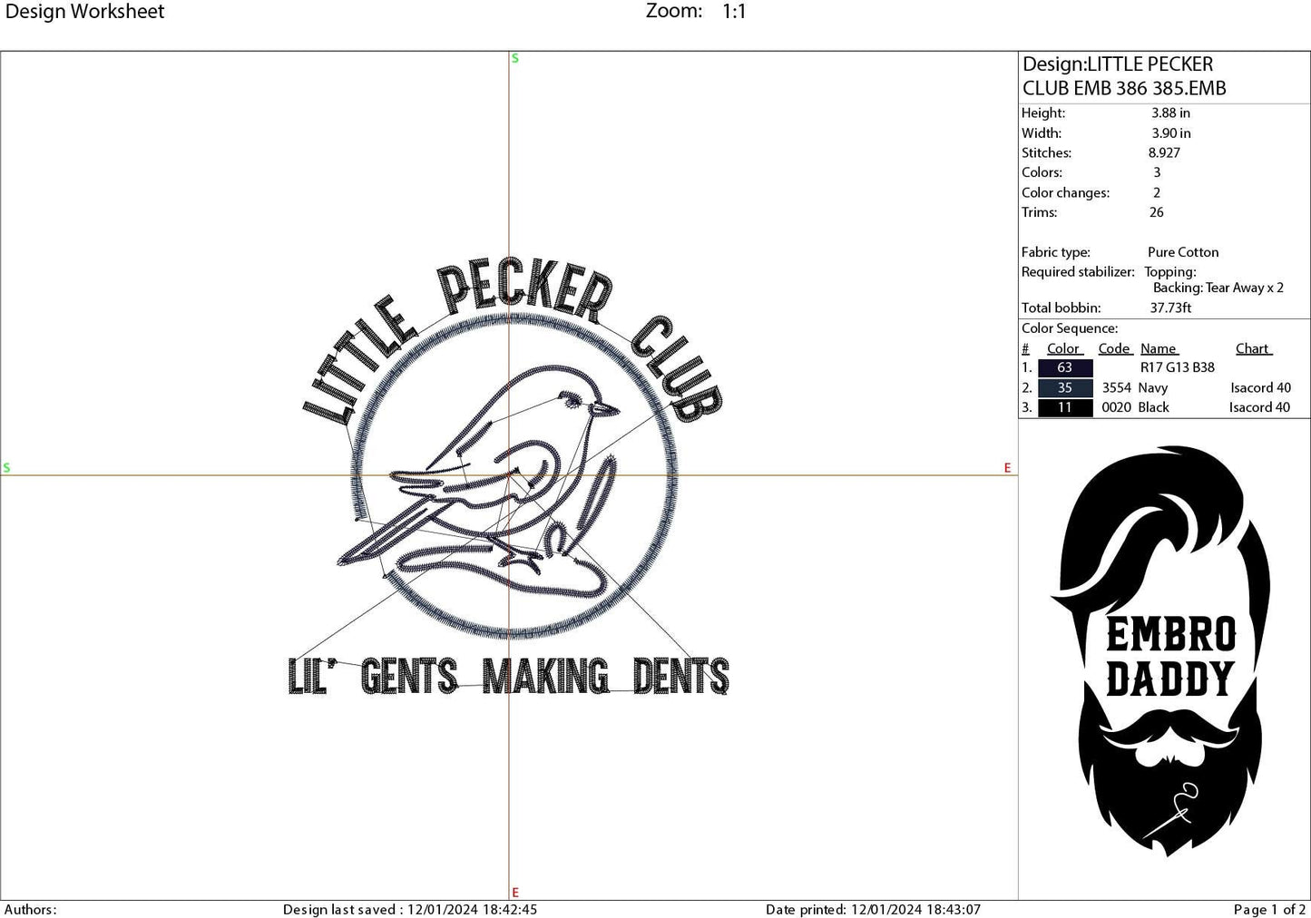 Machine Embroidery files, Little pecker club, funny bird men’s, DST, PES, hus & more