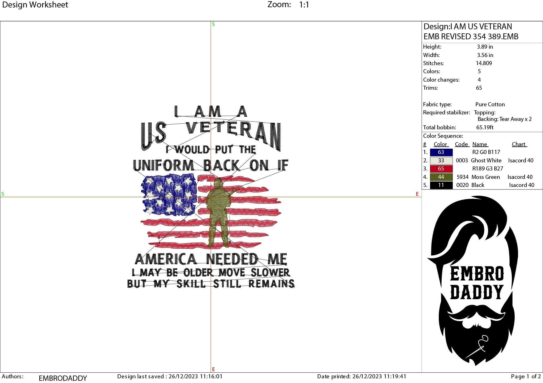 Machine Embroidery files, I am a US veteran, dst, PES, xxx, hus & more