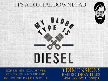 Machine Embroidery files, my blood type is diesel, PES, DST, xxx, hus & more