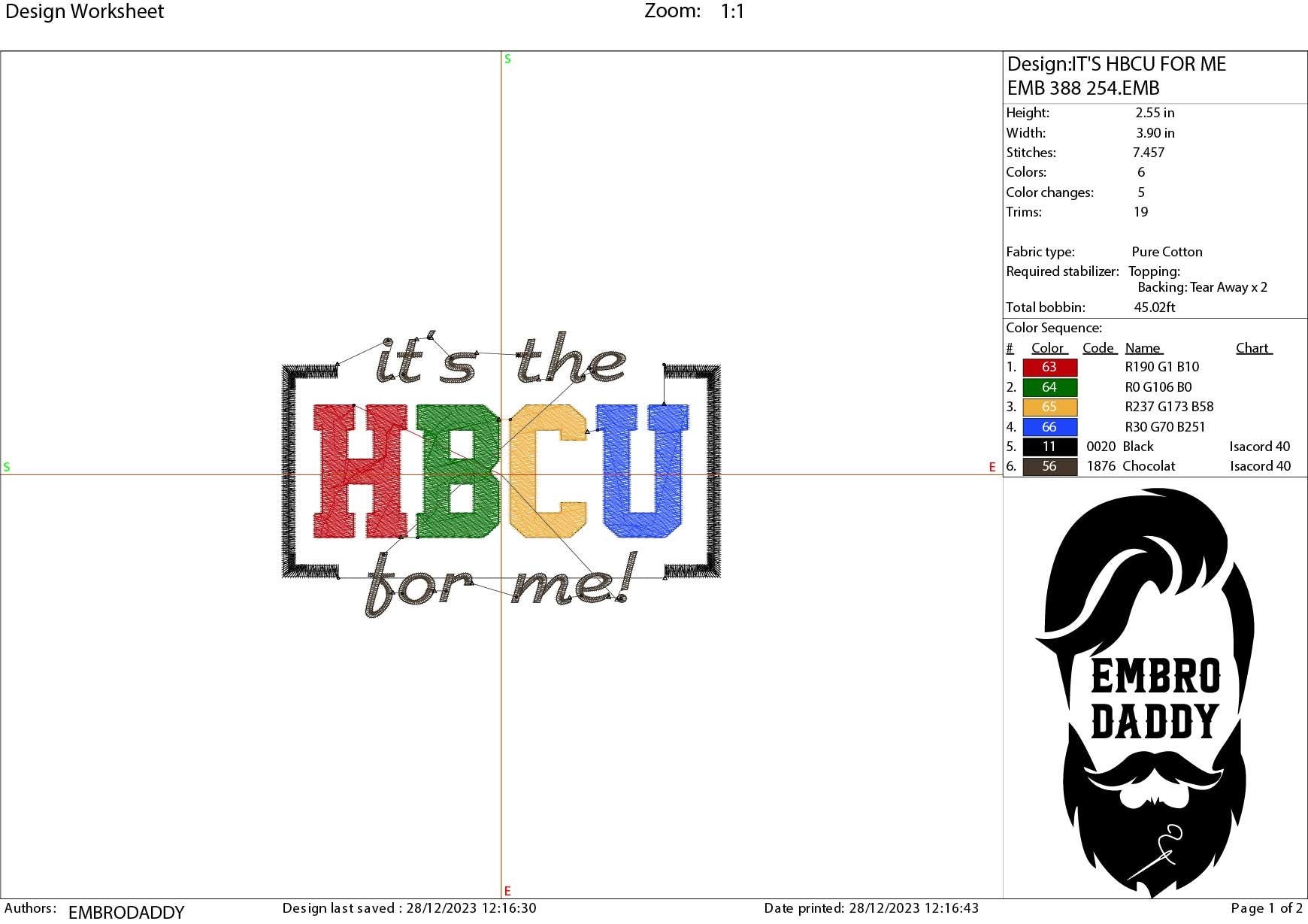Machine Embroidery files, it's the HBCU for me!, PES, hus, dst, vp3 & more