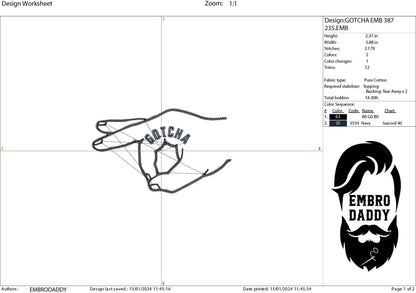 Machine embroidery files, Gotcha Hand, Sarcastic, Funny, PES, DST, hus & more