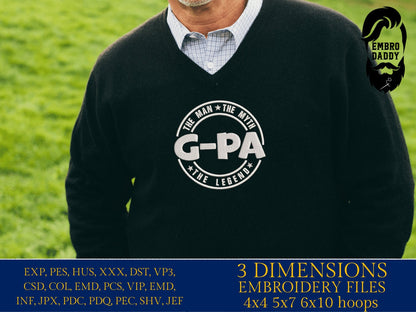 Machine Embroidery files, G-PA man myth legend, Grandfather, PES, xxx hus & more