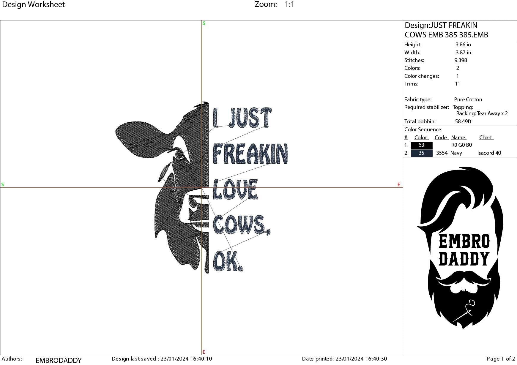 Machine Embroidery files, I just freakin love cows, PES, xxx, hus & more