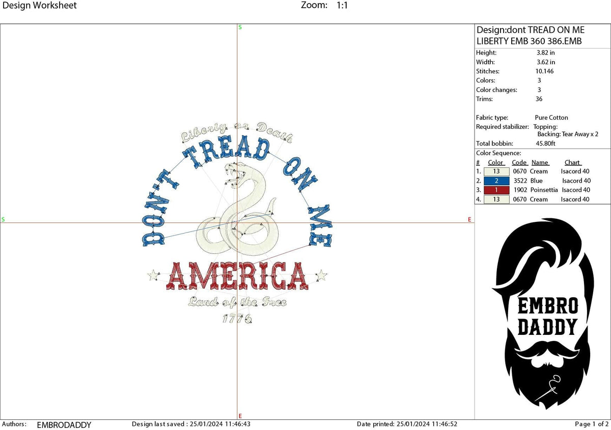 Machine Embroidery files, Don't tread on me, America land of the free, PES, xxx, hus, dst & more