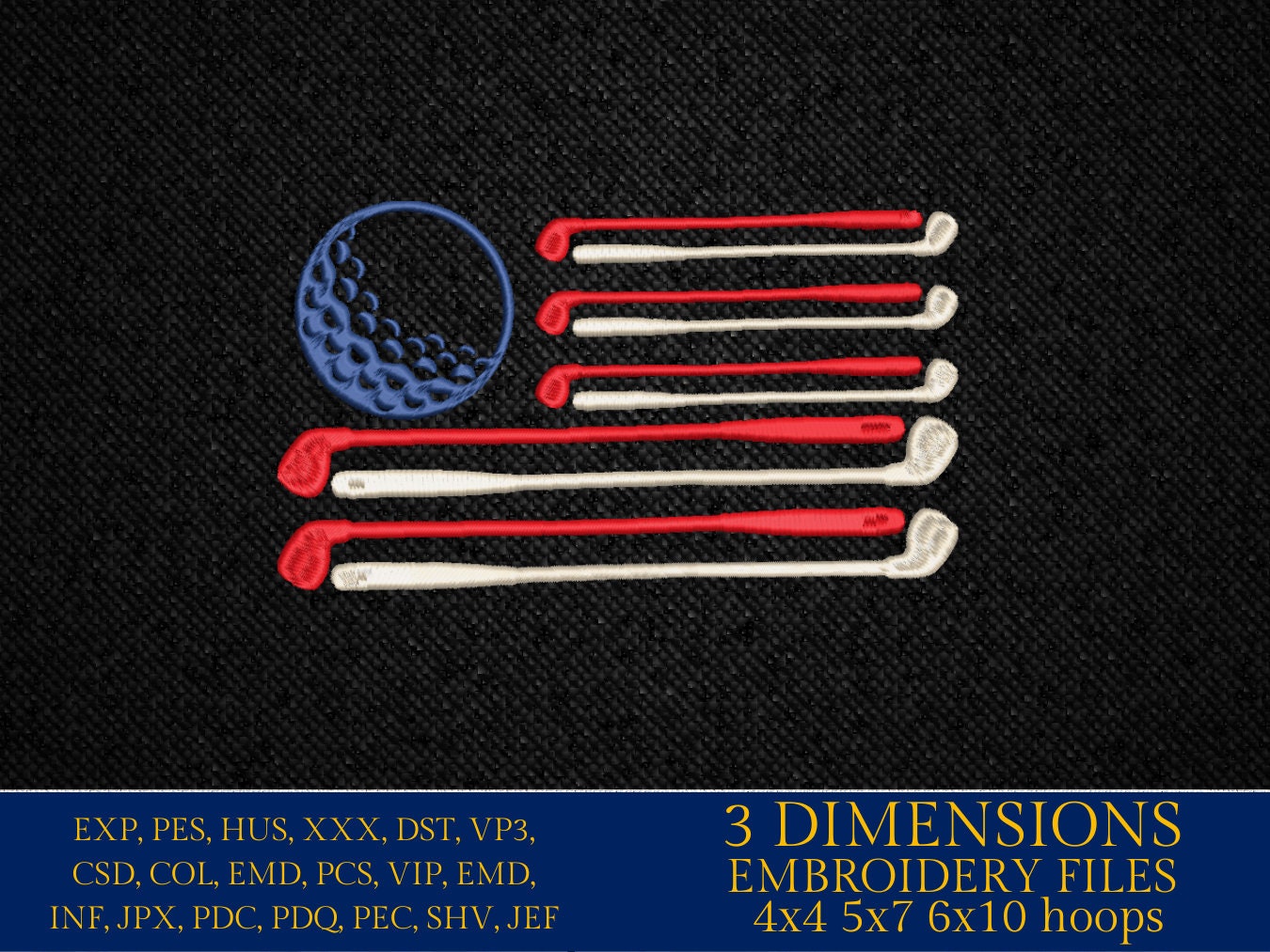 Machine Embroidery files, Golf Usa flag, PES, DST, hus & more