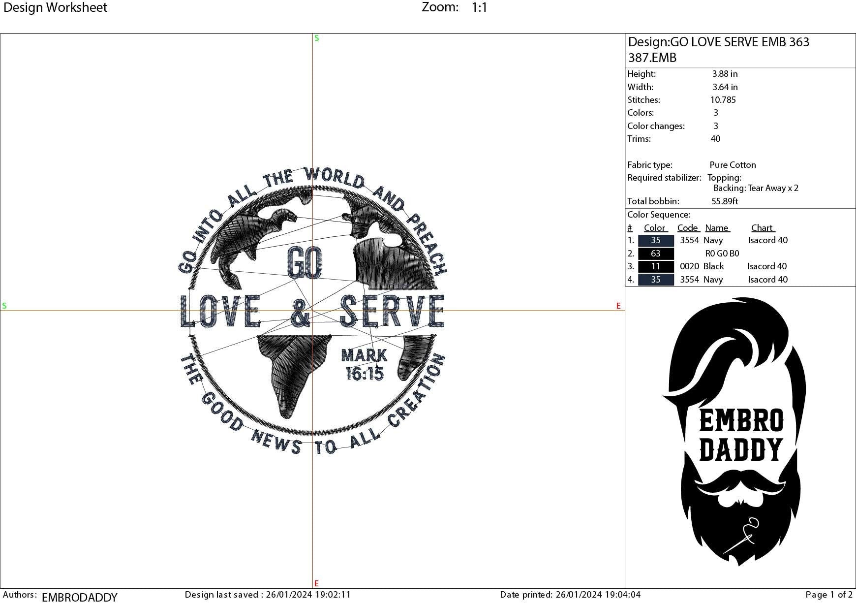 Machine Embroidery files, go love and serve, Mark 16:15, Christian, PES, DST, xxx, hus & more