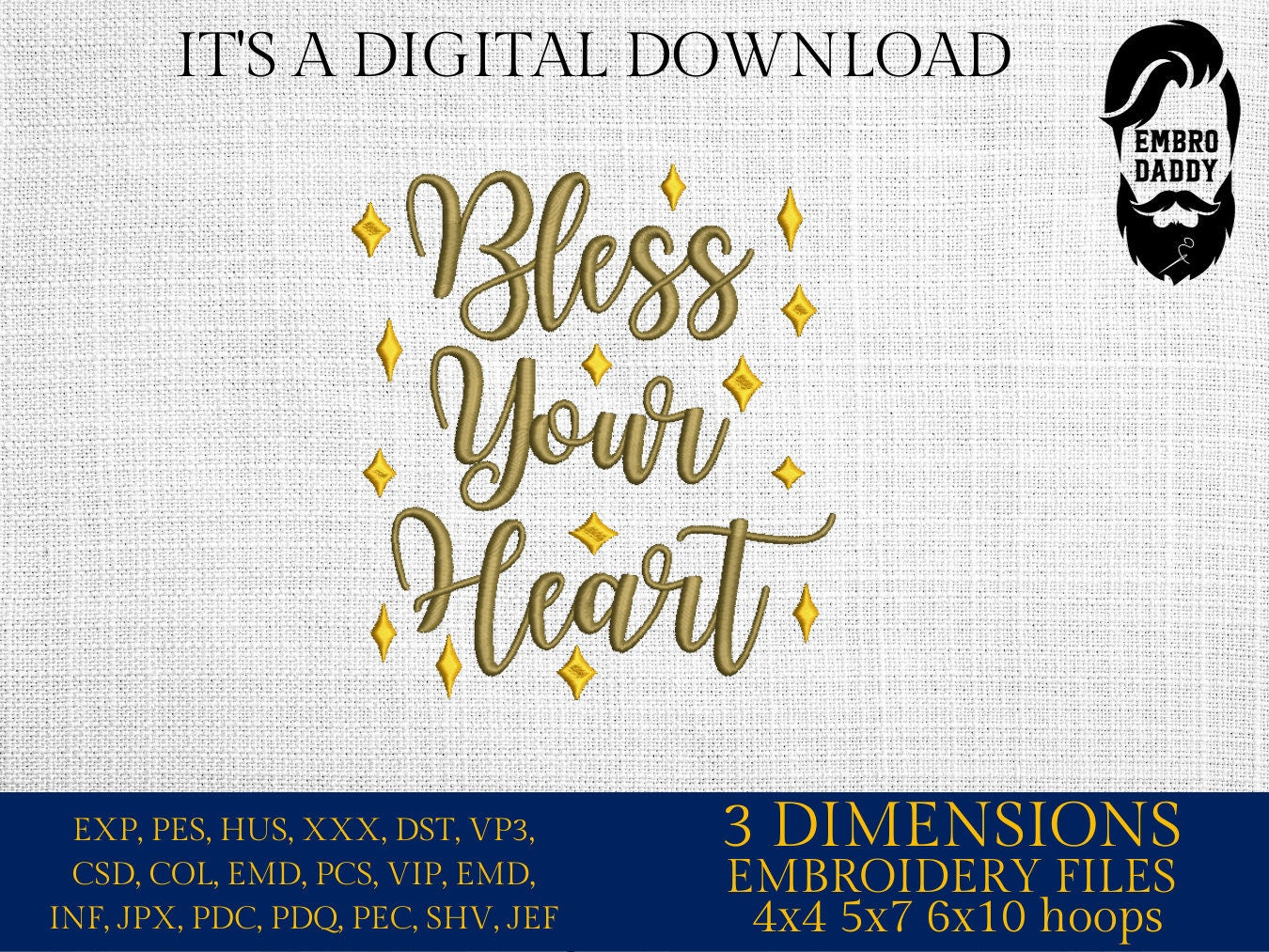 Machine Embroidery files, Bless Your Heart Funny, Humorous, Southern Country Phrase, PES, DST, xxx, hus & more