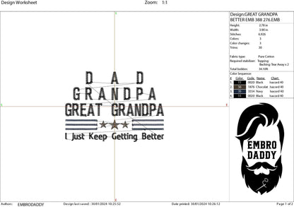 Machine Embroidery files, Dad, Grandad, Great Grandpa, PES, xxx hus & more