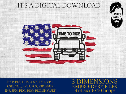 Machine Embroidery files, USA flag, time to ride, Off road car, PES, xxx, dst, hus & more
