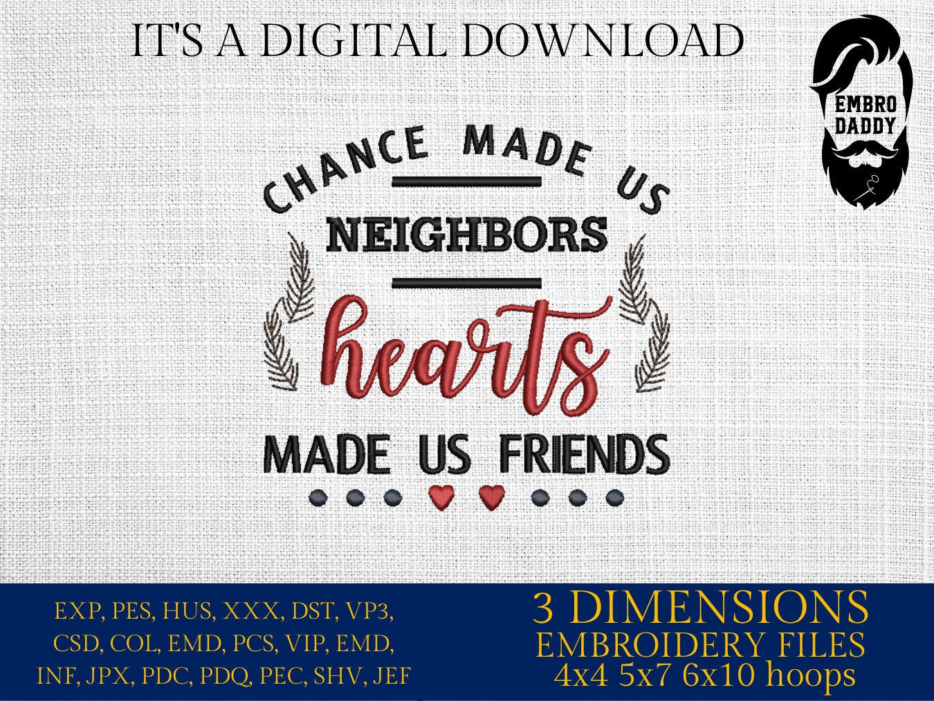 Machine Embroidery files, chance made us neighbors, PES, xxx, hus & more, embroidery files