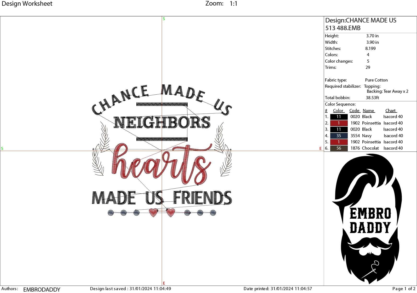 Machine Embroidery files, chance made us neighbors, PES, xxx, hus & more, embroidery files