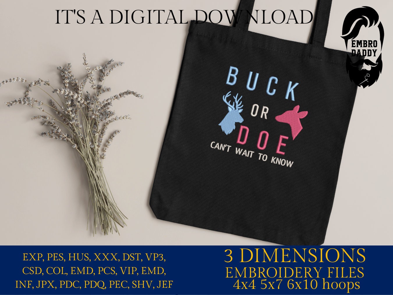 Machine embroidery files, buck or doe can't wait to know, PES, DST, hus & more