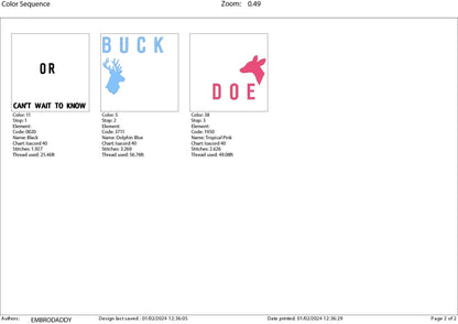 Machine embroidery files, buck or doe can't wait to know, PES, DST, hus & more