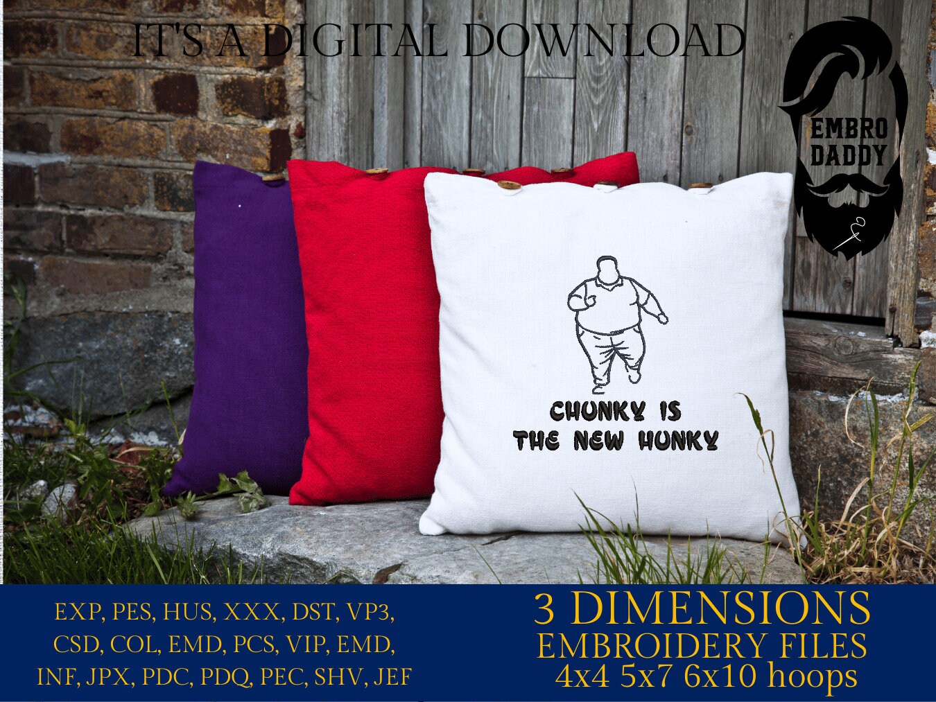 Machine Embroidery files, chunky is the new hunky, funny embroidery files, DST, PES, hus & more