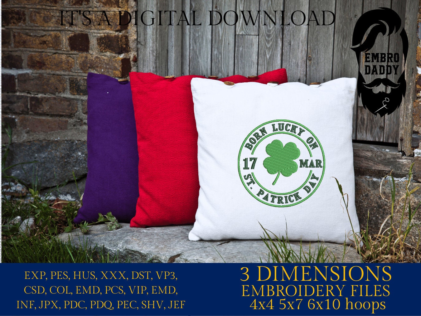 Machine Embroidery files, Born lucky on St. Patrick day, PES, DST, xxx, hus & more