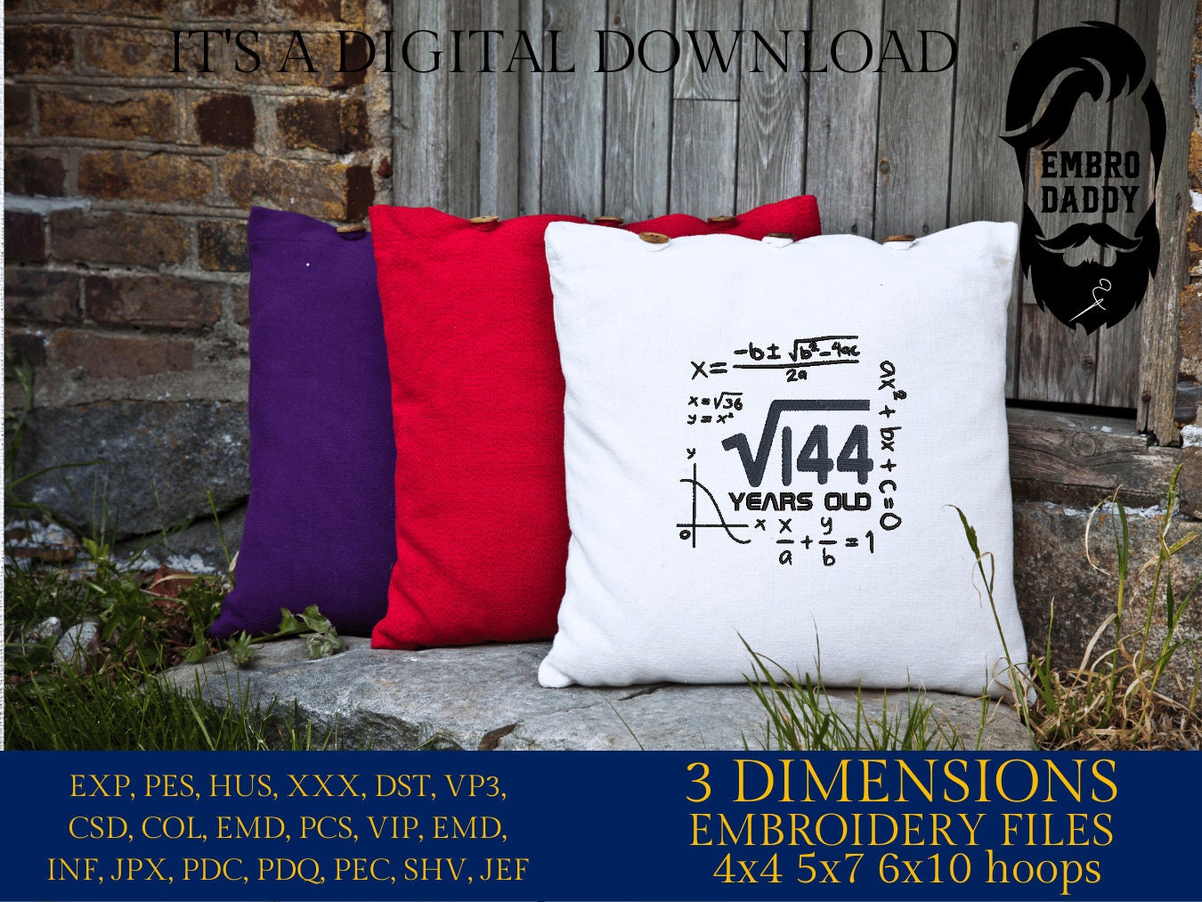 Machine Embroidery files, 12 th birthday, Math, square roots, PES, DST, xxx, hus & more