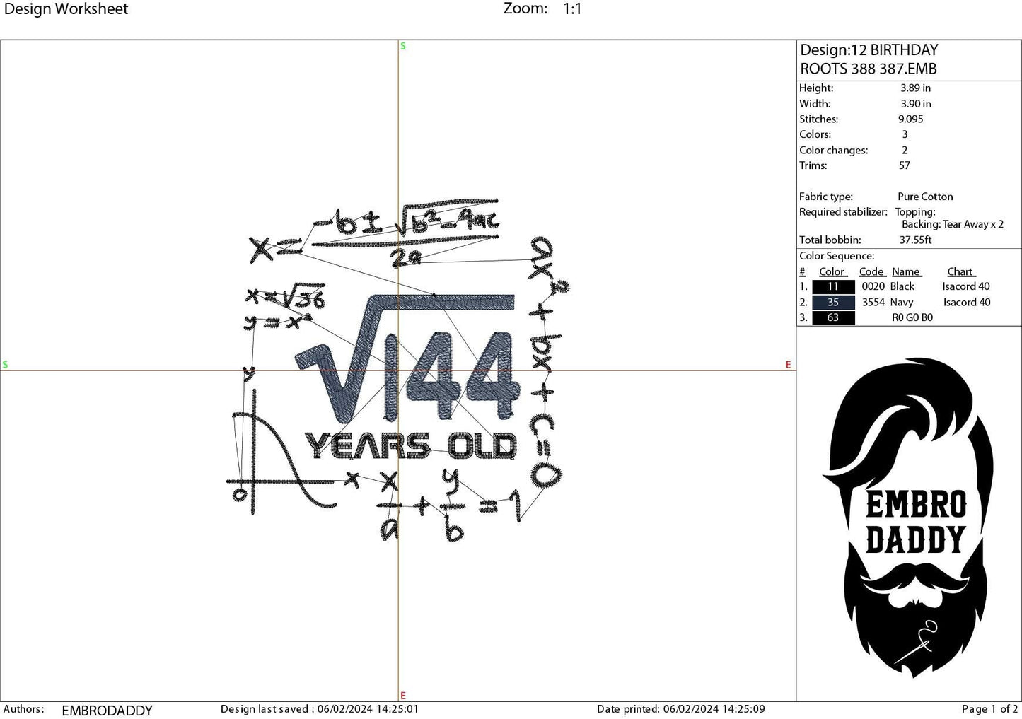 Machine Embroidery files, 12 th birthday, Math, square roots, PES, DST, xxx, hus & more