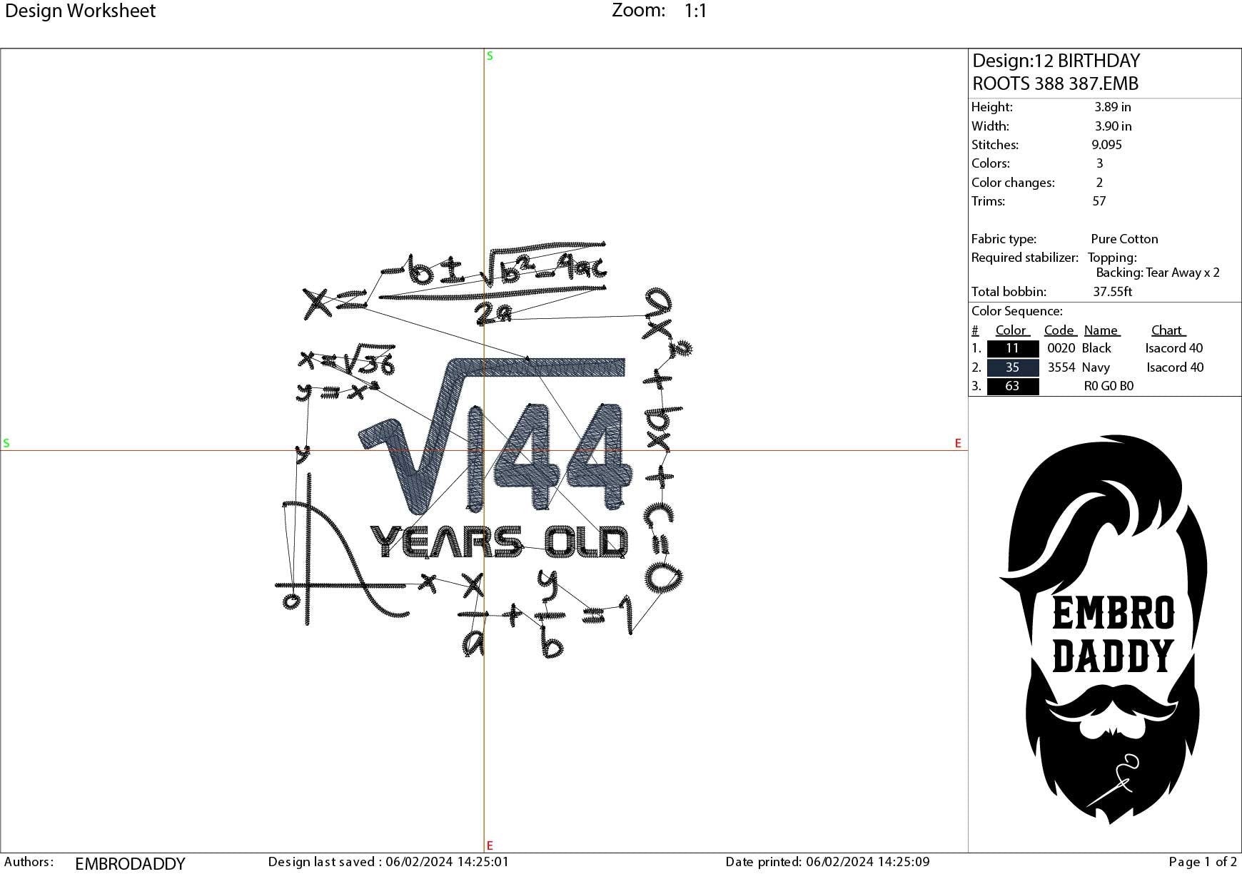 Machine Embroidery files, 12 th birthday, Math, square roots, PES, DST, xxx, hus & more