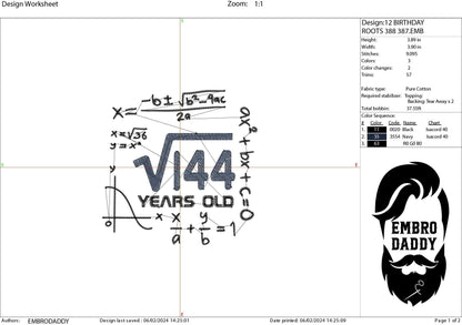 Machine Embroidery files, 12 th birthday, Math, square roots, PES, DST, xxx, hus & more