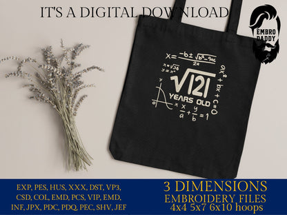 Machine Embroidery files, 11 th birthday, Math, eleven, square roots, PES, DST, xxx, hus & more