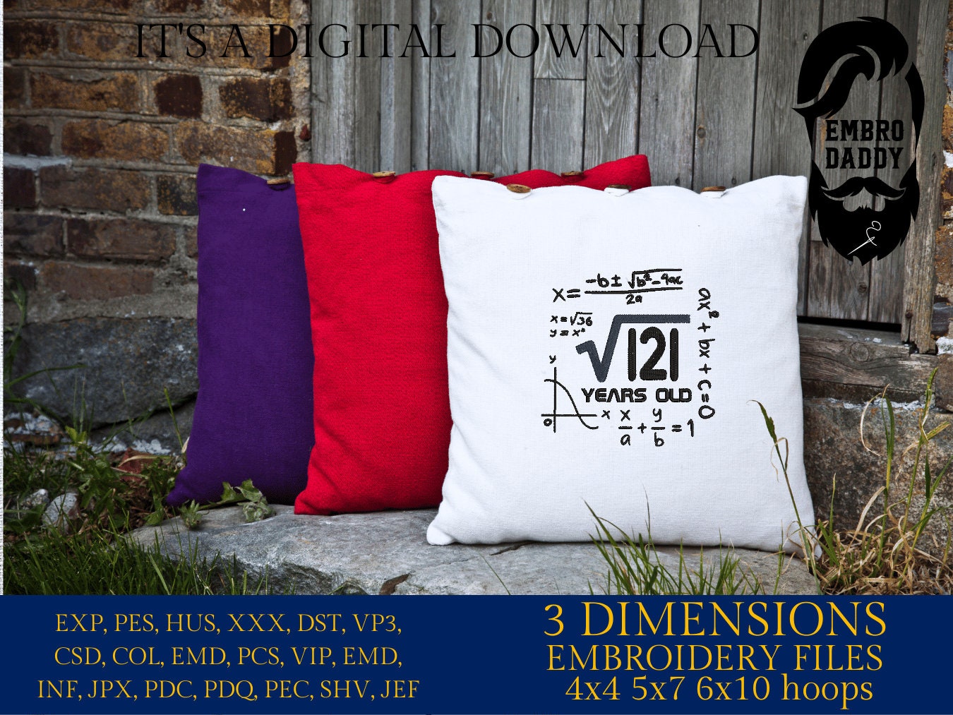 Machine Embroidery files, 11 th birthday, Math, eleven, square roots, PES, DST, xxx, hus & more
