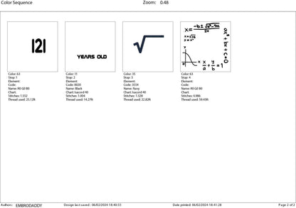 Machine Embroidery files, 11 th birthday, Math, eleven, square roots, PES, DST, xxx, hus & more