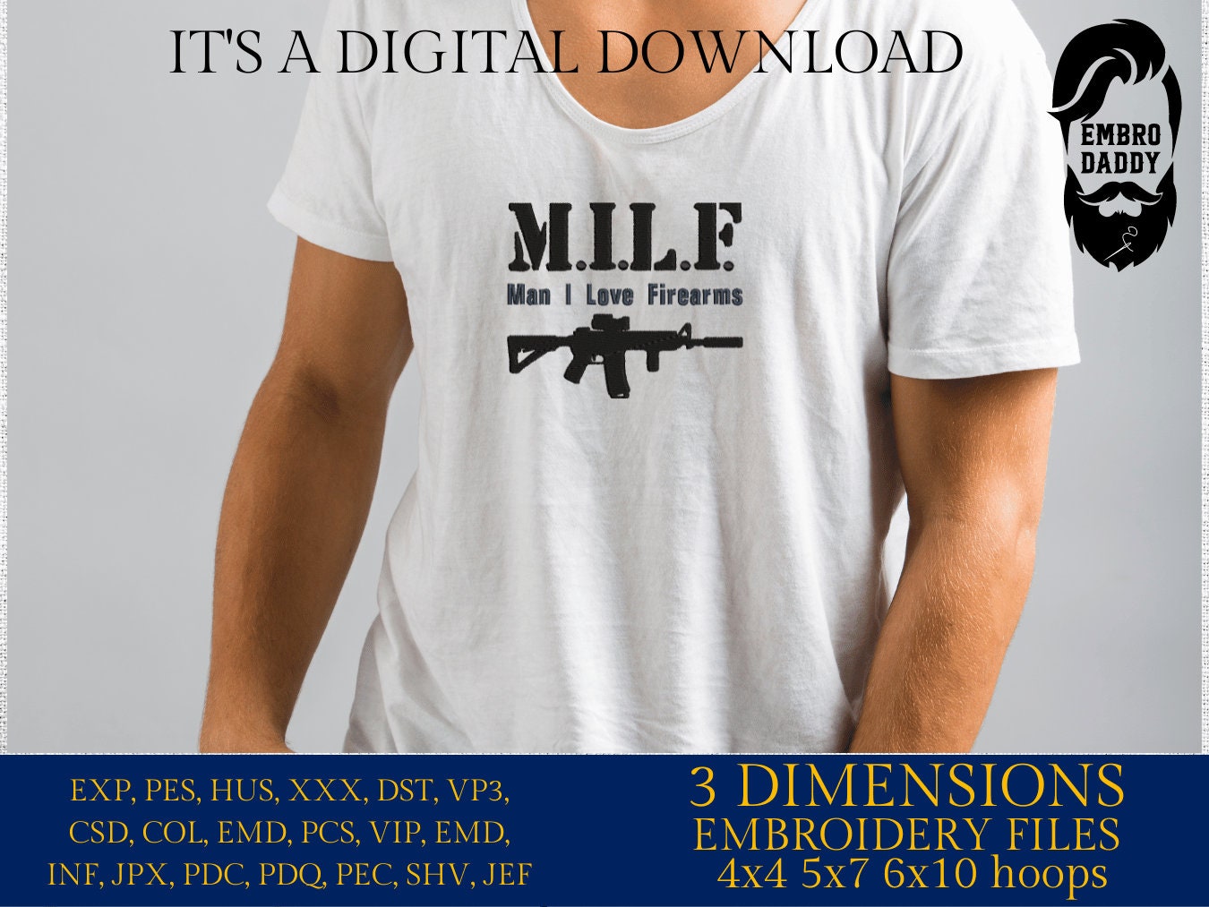 Machine Embroidery files, MILF, Man I Love Firearms, PES, dst, xxx, hus & more