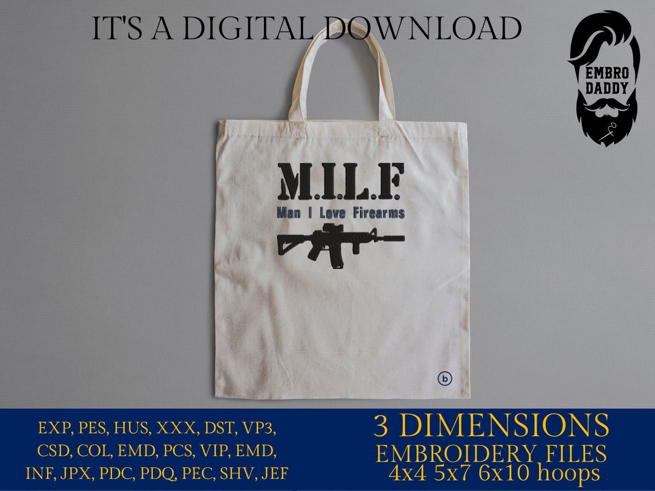 Machine Embroidery files, MILF, Man I Love Firearms, PES, dst, xxx, hus & more